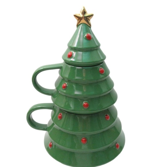 2022 Hallmark Ceramic Christmas Tree 2 Stackable Mugs 1 Lid Holiday Table Decor - Picture 2 of 6